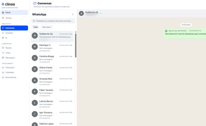 Tela do sistema Clinoo, software para clínicas de alto padrão desenvolvido pela AuctaLabs
